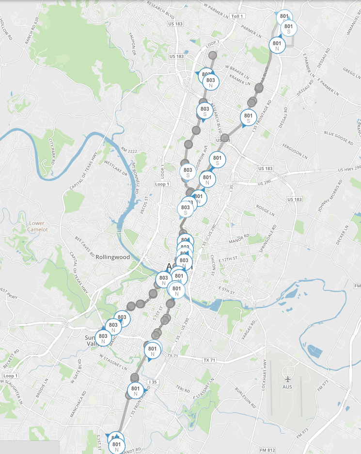 Map of 801 + 803 bus stops