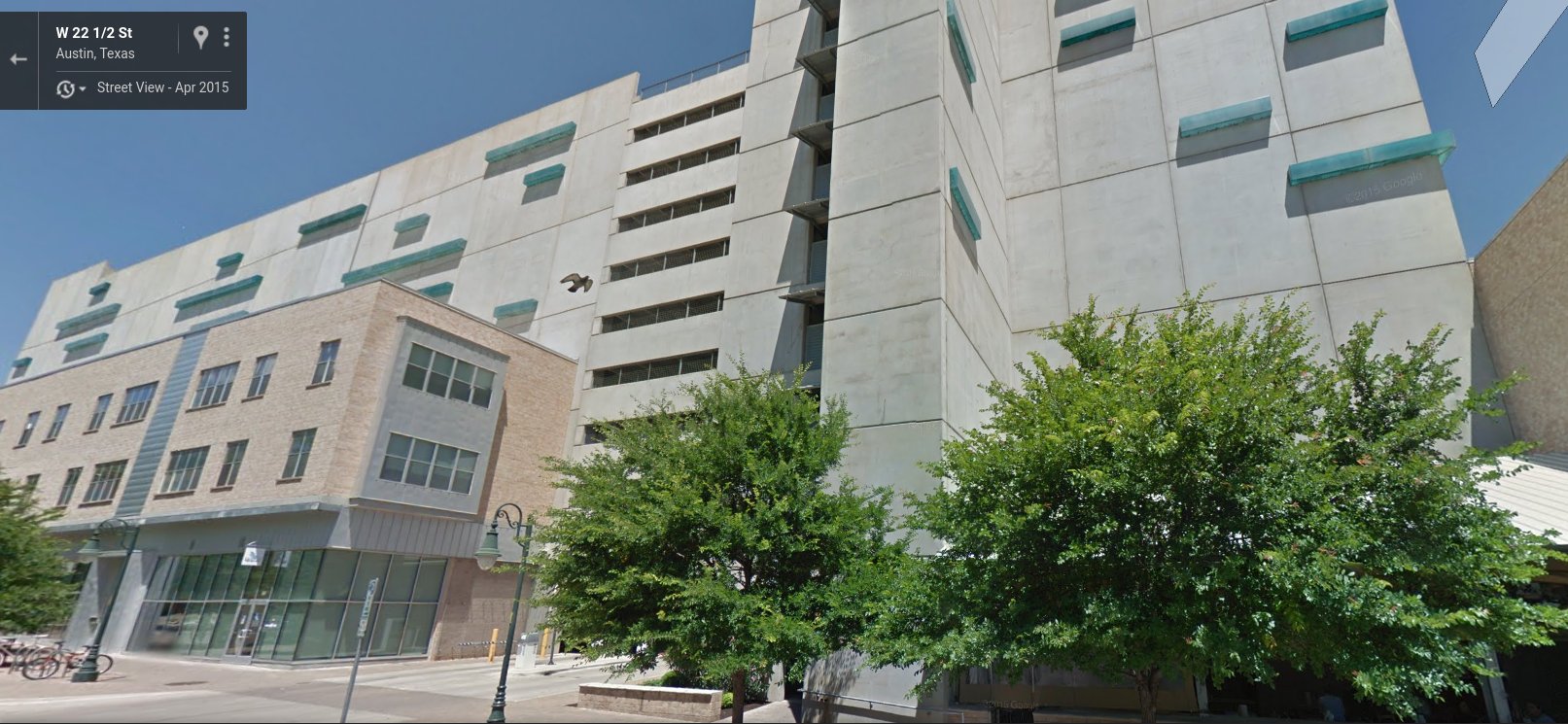 Perhaps Austin's most essential and defining architectural genre is the hulking car storage facility. This example is in West Campus, where most students can walk to class.